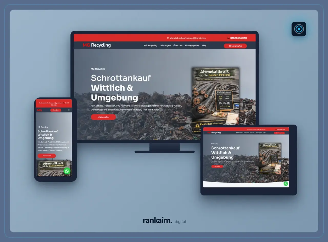 Website von MG Recycling Wittlich auf Monitor, Tablet und Smartphone