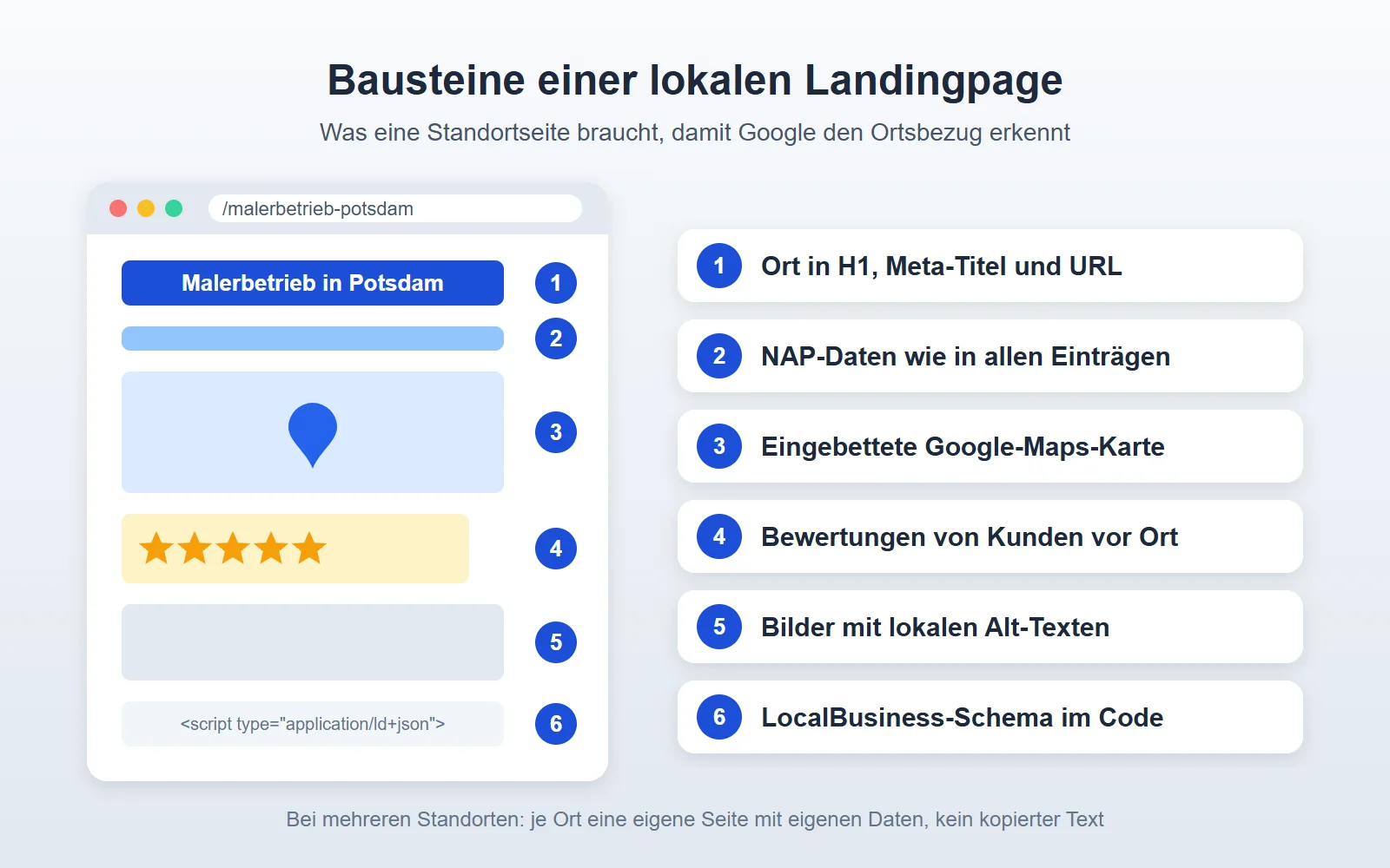 Standort SEO: Lokale Rankings erfolgreich verbessern 5 Aufbau einer lokalen Landingpage mit sechs Bausteinen: Ort in H1 und URL, NAP-Daten, Google-Maps-Karte, lokale Bewertungen, Bilder mit Alt-Texten, LocalBusiness-Schema